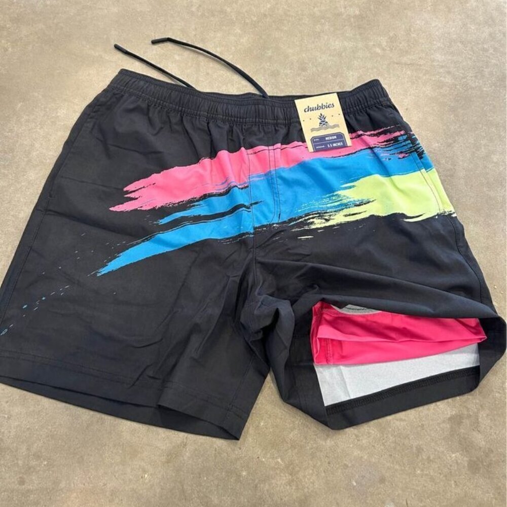 Chubbies Men's Black Swim Trunks with Blue and Pink Accents